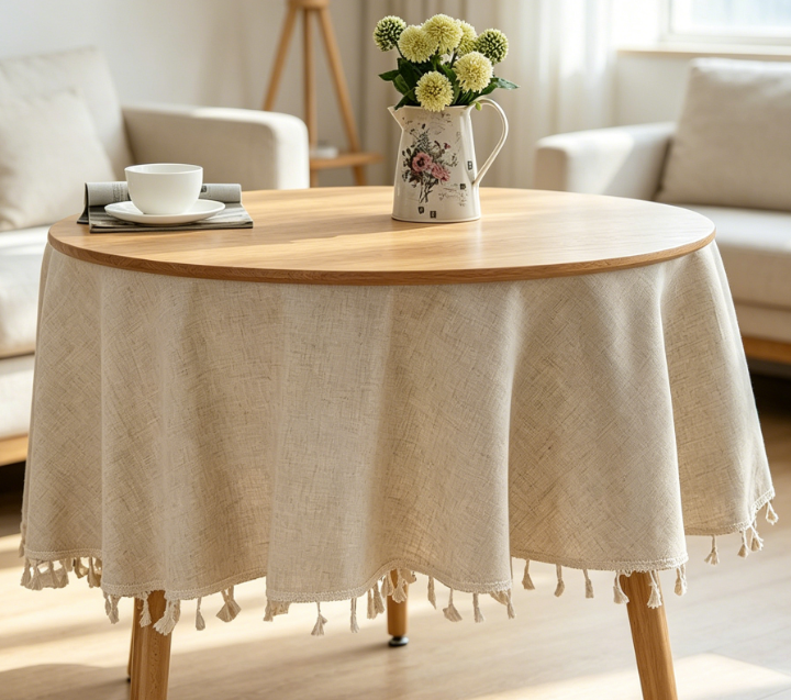 Solid Color Cotton And Linen Tablecloths, With Tassels, Farmhouse Style