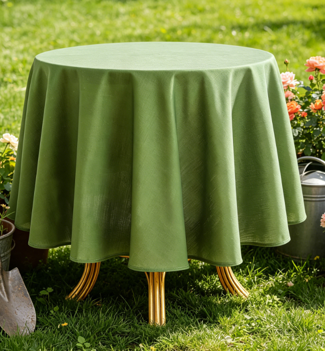 Citrus Green Solid Color Linen Round Tablecloth, Thick Green - Image 2