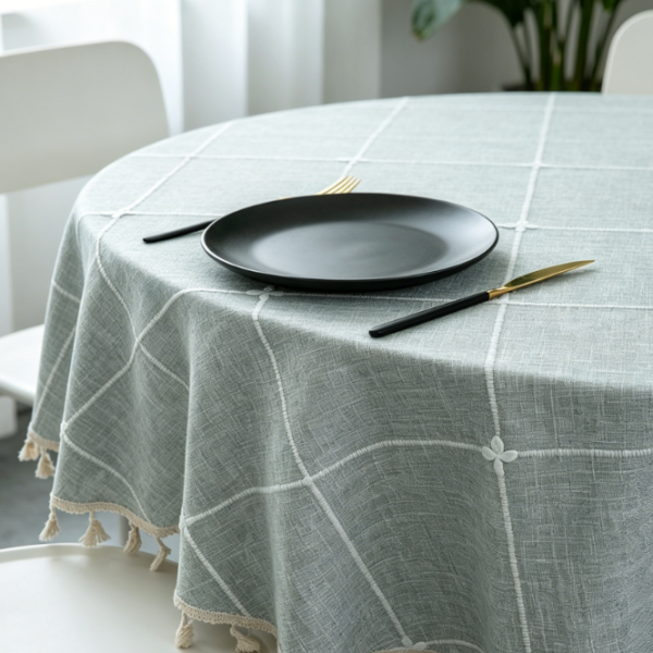 Cotton-Linen Plaid Embroidered Tablecloth, Classic Gray