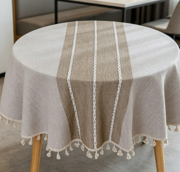 Heavyweight Cotton-Linen Tassel Tablecloth, Durable Beige