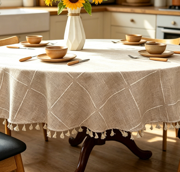 Cotton And Linen Checkered Tassel Tablecloths, Beige, Versatile