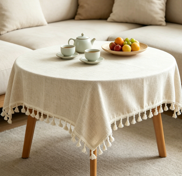 Dustproof Solid Color Tassel Cotton And Linen Tablecloths, Neutral Color