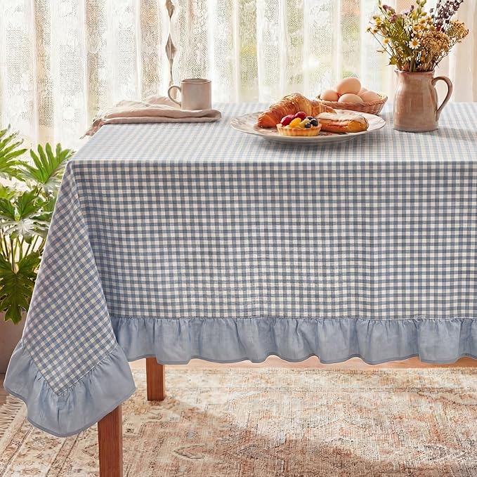 Blue Plaid Pleated Pure Cotton Tablecloth - Image 2