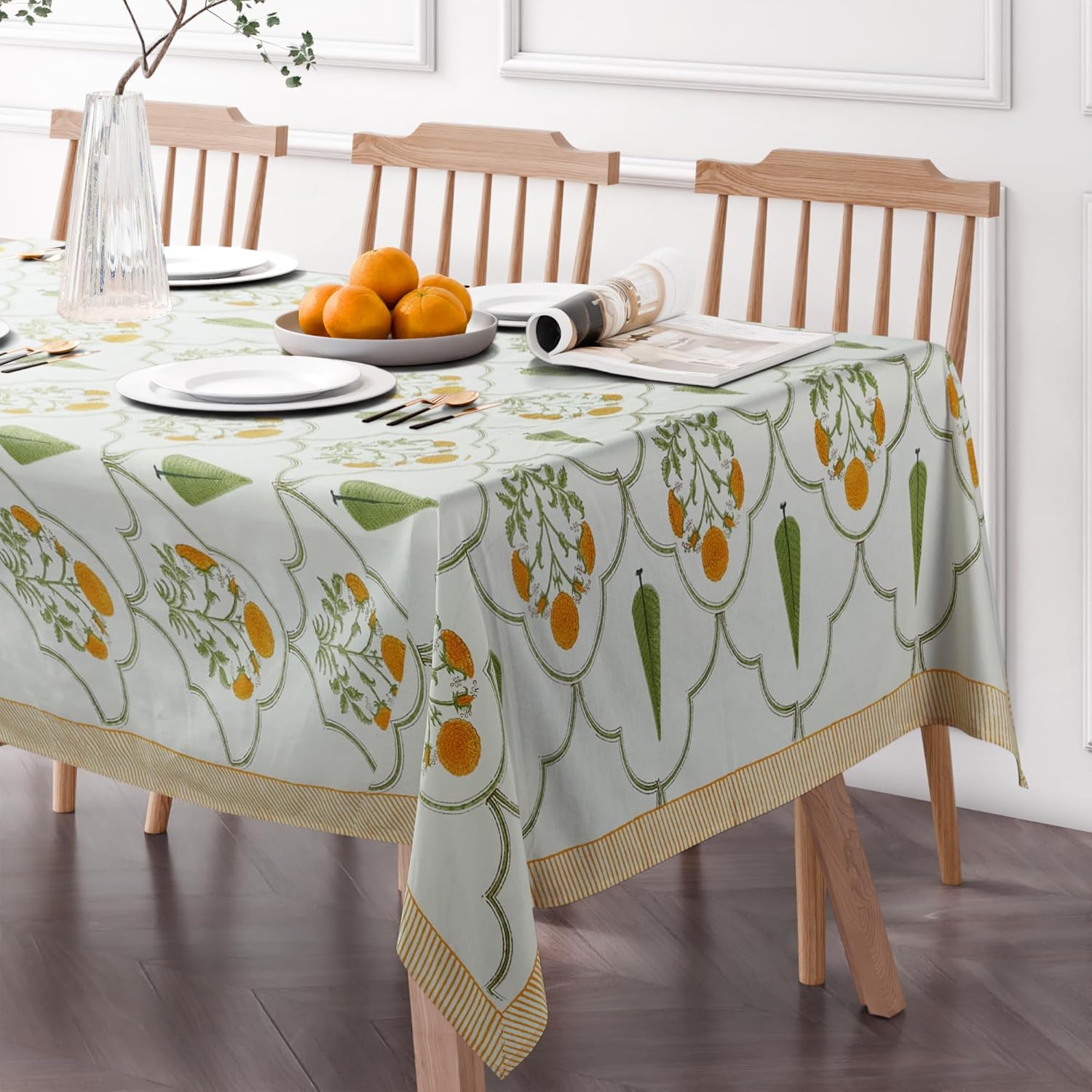 Yellow And White Floral Print Pure Cotton Tablecloth