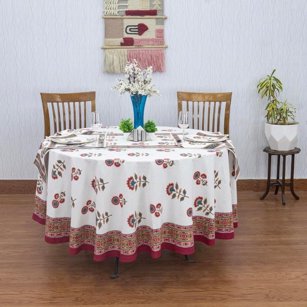 Red And White Floral Print Pure Cotton Round Tablecloth