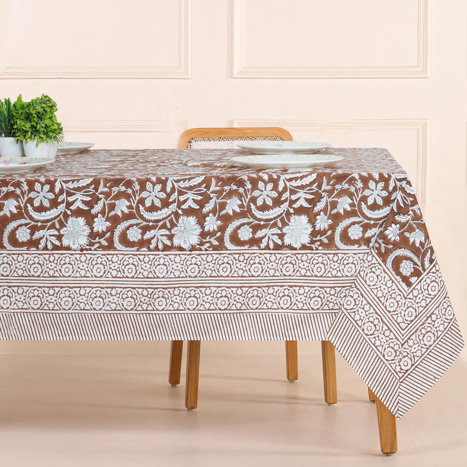 Dark Brown Floral Print Pure Cotton Tablecloth