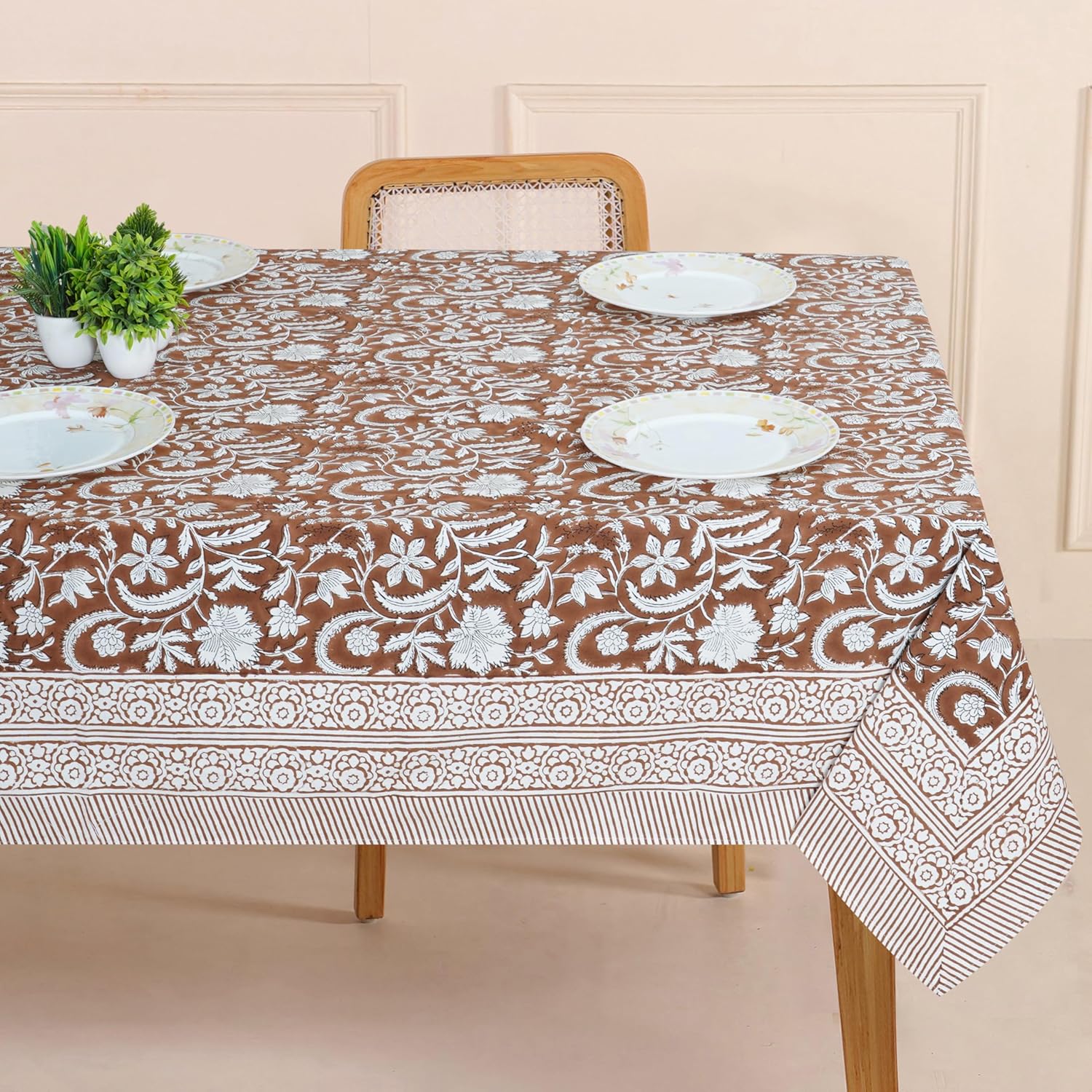 Dark Brown Floral Print Pure Cotton Tablecloth - Image 2