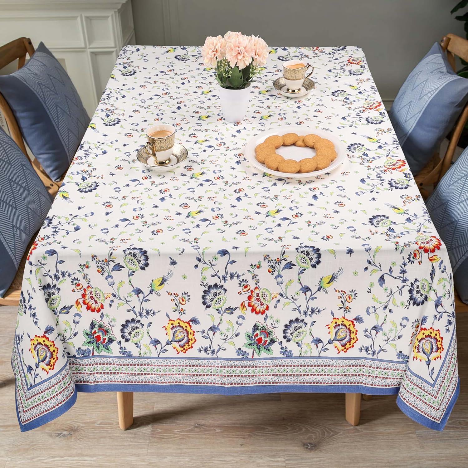 Blue Floral Pure Cotton Decorative Tablecloth - Image 2